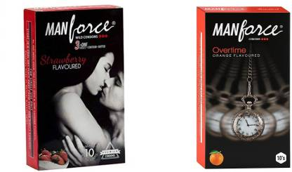 MANFORCE 3 in 1 Wild Ribbed Contour Dotted Strawberry Flavor Condoms - 10 Pieces & 3 in 1 Condoms (Ribbed Contour Dotted) Overtime Orange Flavoured- 10 Pieces Condom (Set of 2 20 Sheets)