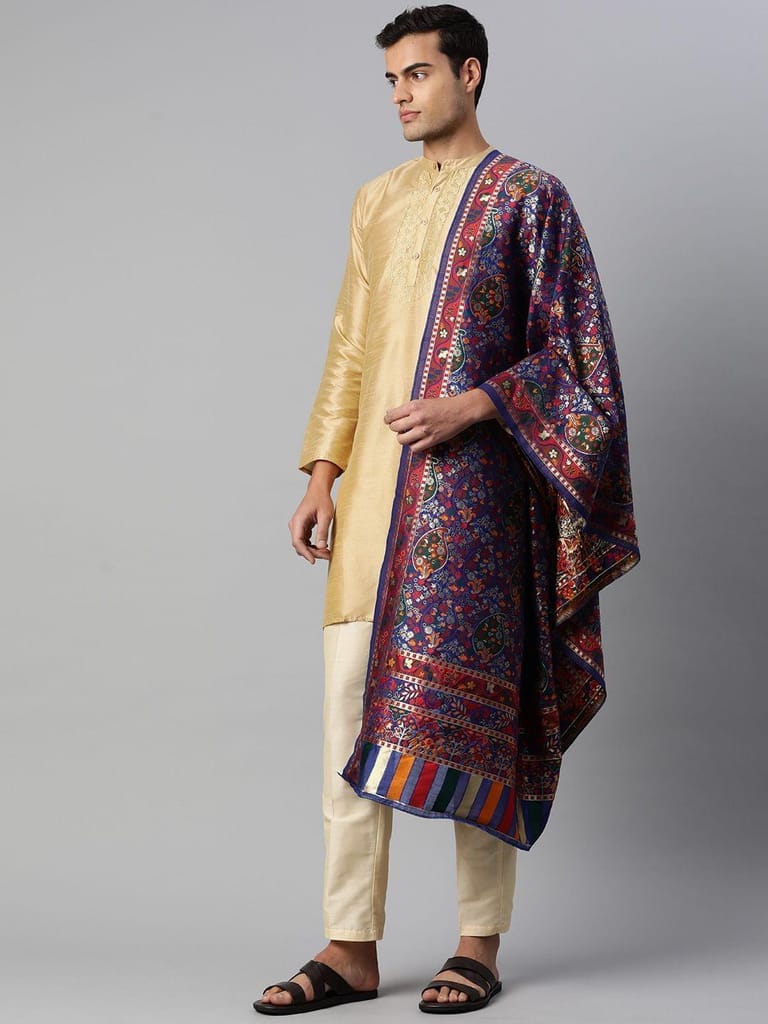 Men Blue and Gold Toned Pure Cotton Dupatta With Embrodried Woven Design view 2