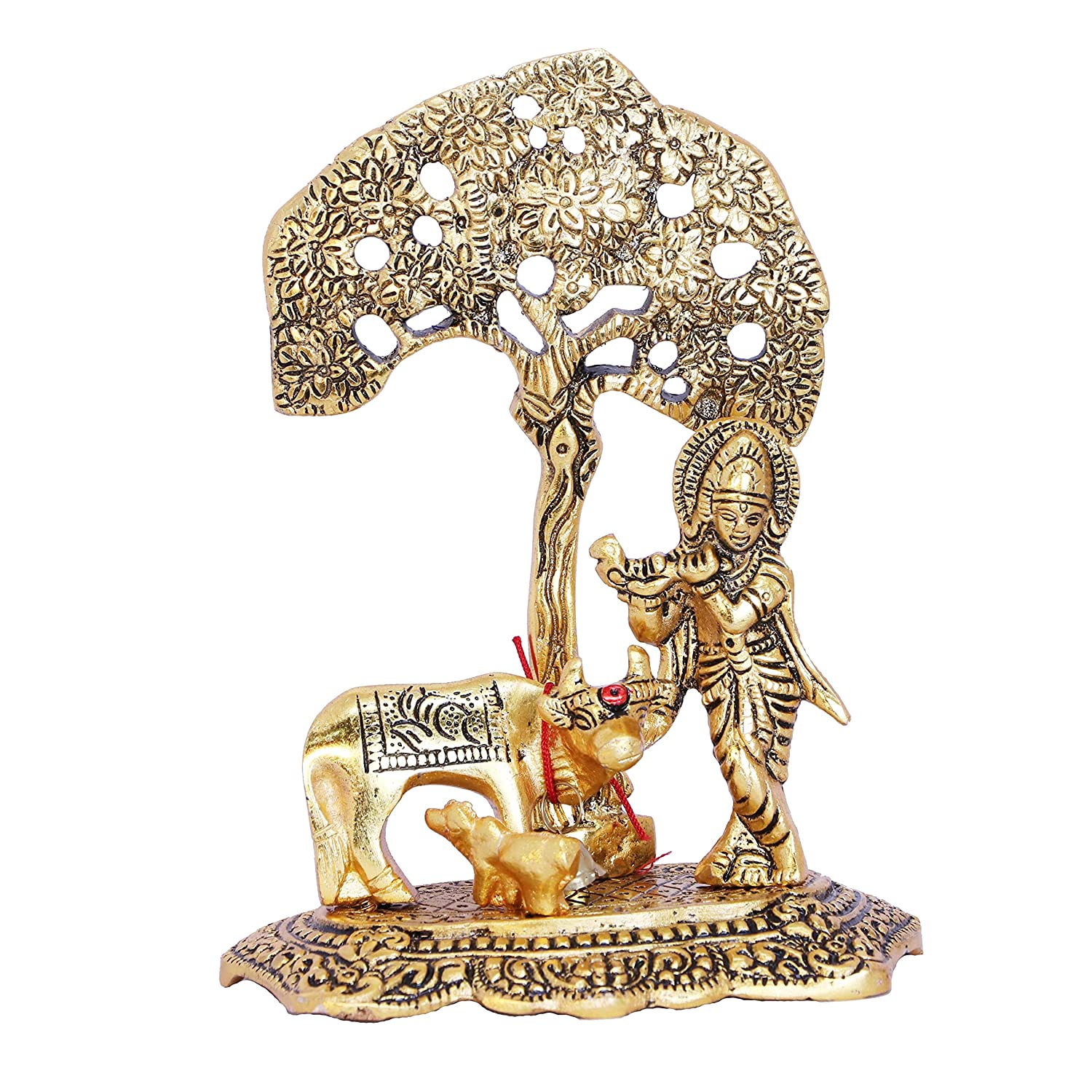 DreamKraft Metal Cow Calf and Krishna Idol Showpiece Under Tree For Home Decor view 2