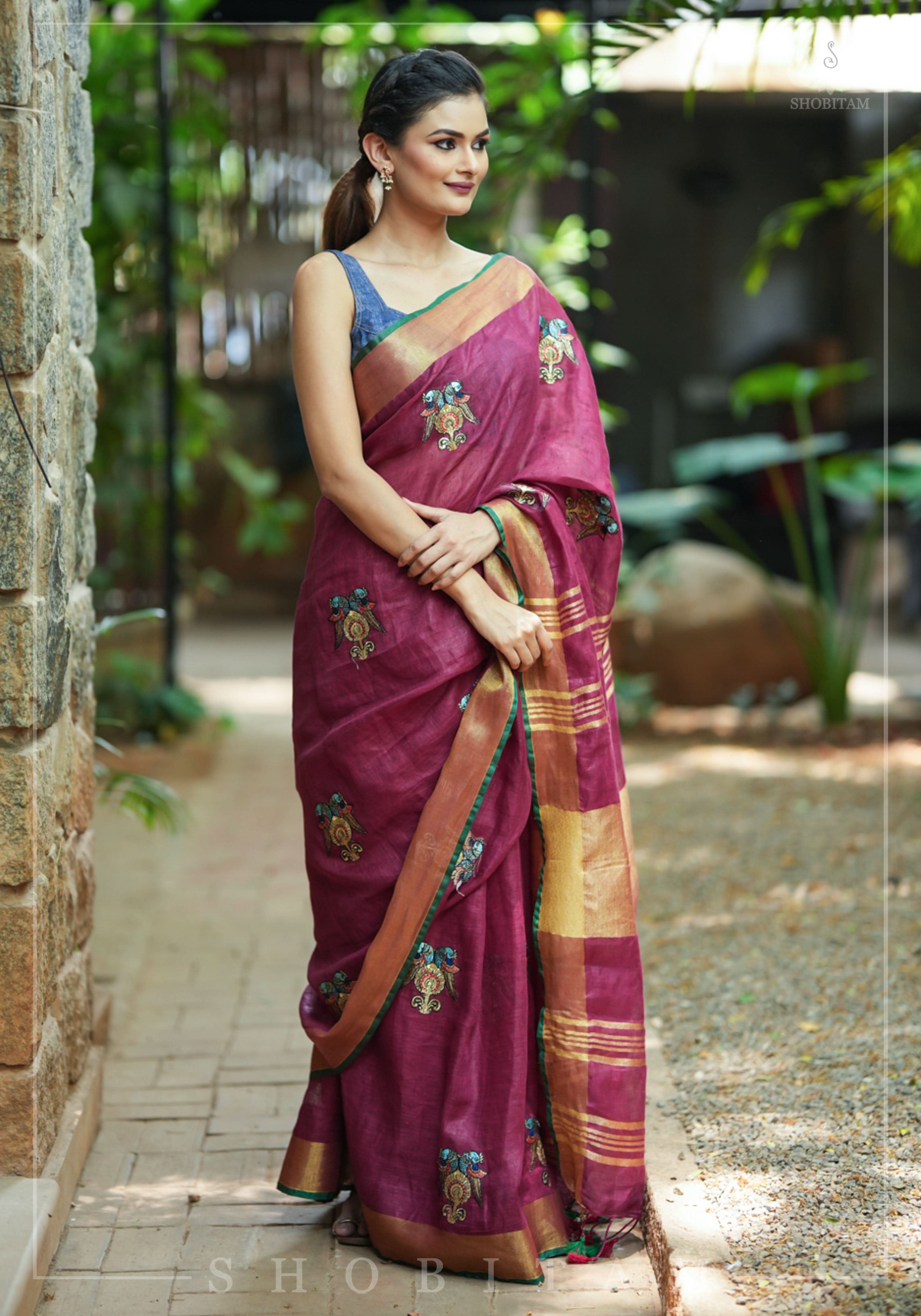 Tanjore Design Twin parrots embroidered motifs on maroon Linen by Linen Saree view 2
