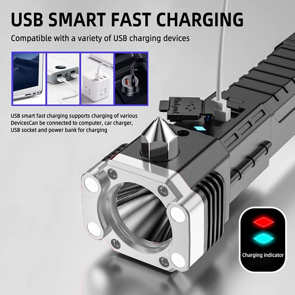 Torch Light LED 3W Torch Light Rechargeable Torch Flashlight Long Distance Beam Range Car Rescue Torch with Hammer Window Glass Built Portable Rechargeable view 2