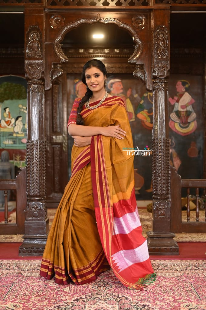 Handloom Cotton Viscose Ilkal Saree With Pure Resham Pallu - Bright Beige Yellow With Red Border view 2