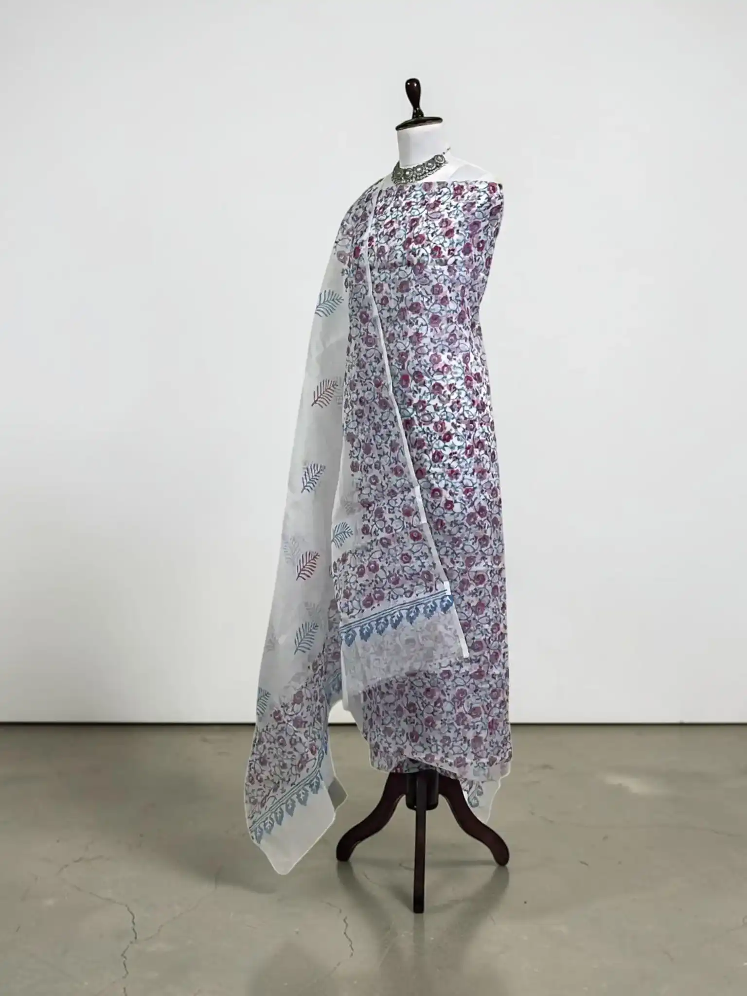 Kota Doria Cotton Dress Material with Hand Embroidery, Powder Blue view 2
