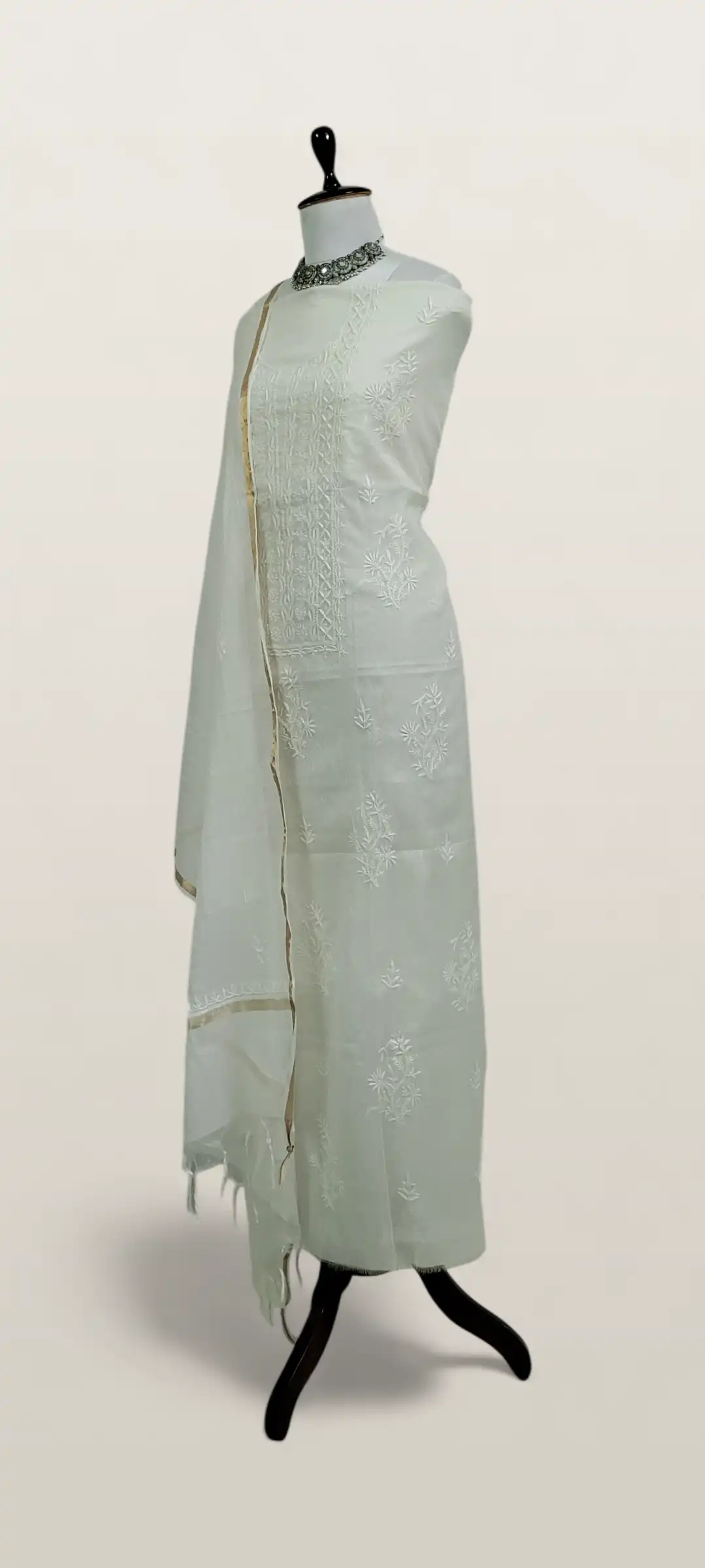 Chikankari Mul Chanderi Dress Material White Tonal Jaali view 2