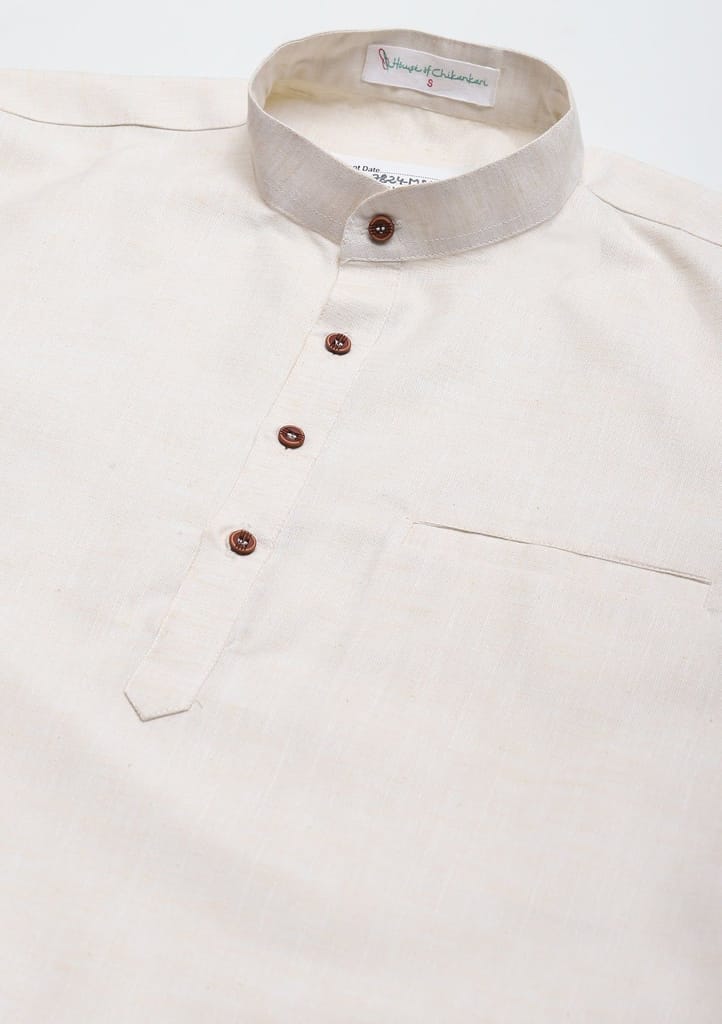 Poly Cotton Solid Men's Short Kurta - Cream view 2