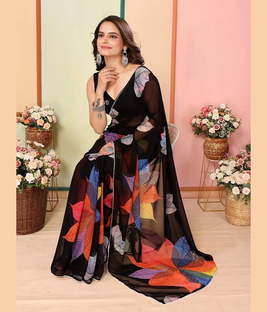 BLEESBURY Chiffon Printed Saree With Unstitched Blouse Piece ( Black ) view 2