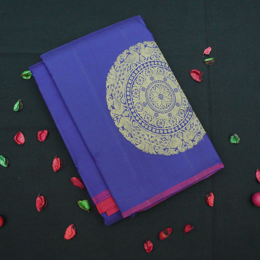 Admiral Blue Borderless Pure Kanchi Silk Saree with Fancy Butta view 2