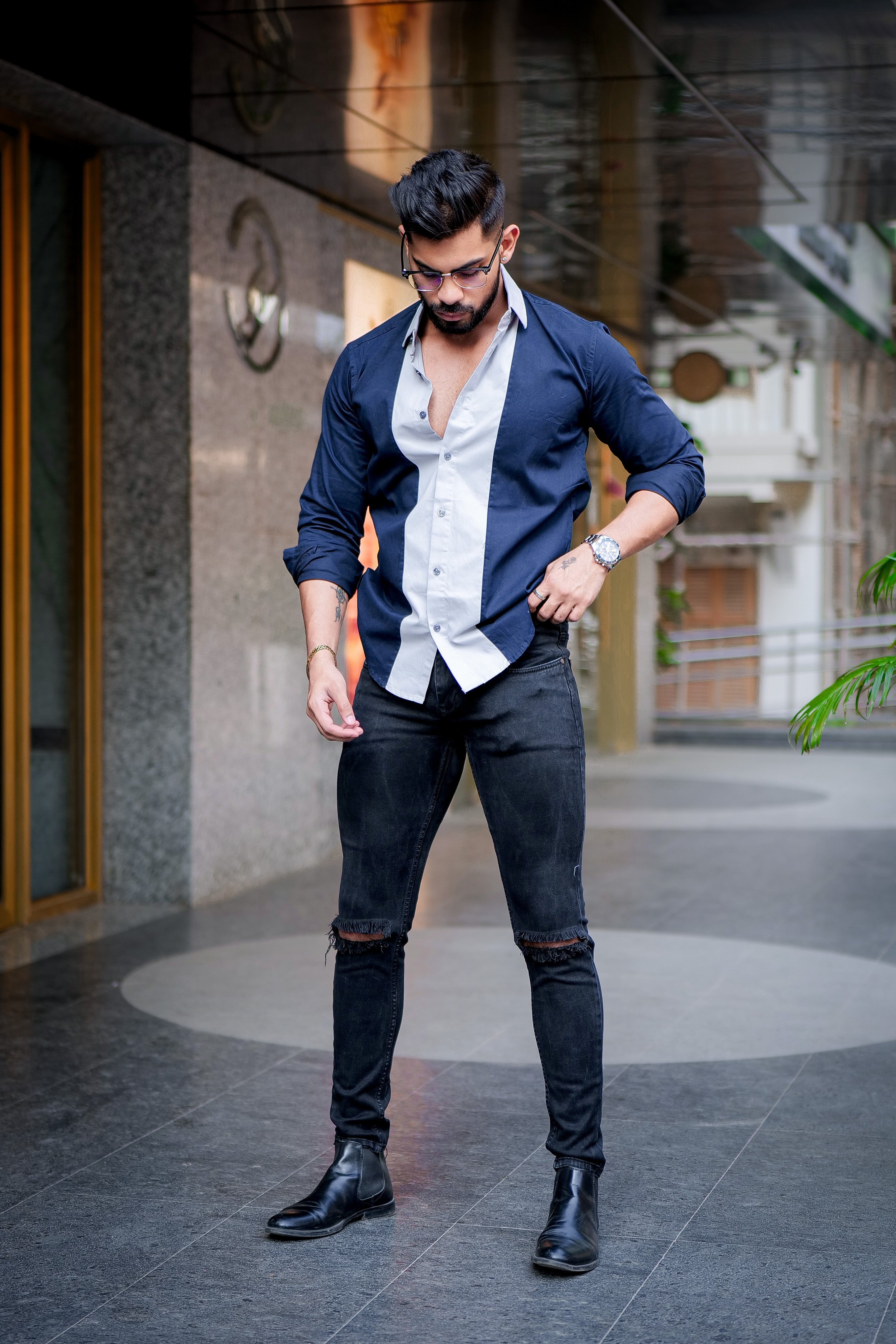 Navy-Light Grey cotton full sleeve Designer shirt view 2