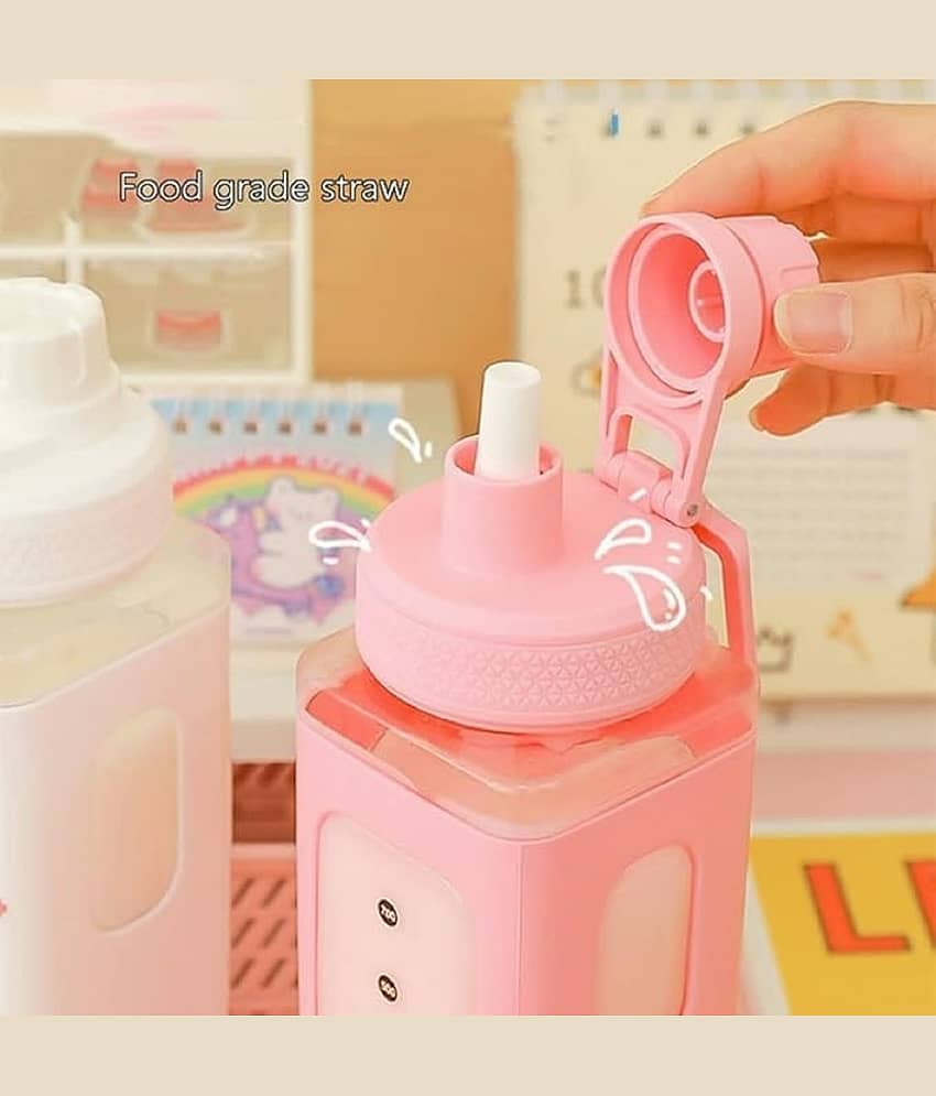 Kawaii Water Bottle with Straw and Sticker, Kawaii Bear Water Bottle, Large Sport Plastic Portable Square Drinking Bottle for Girl, Cute Juice Tea Water Cups (multicolour) view 2