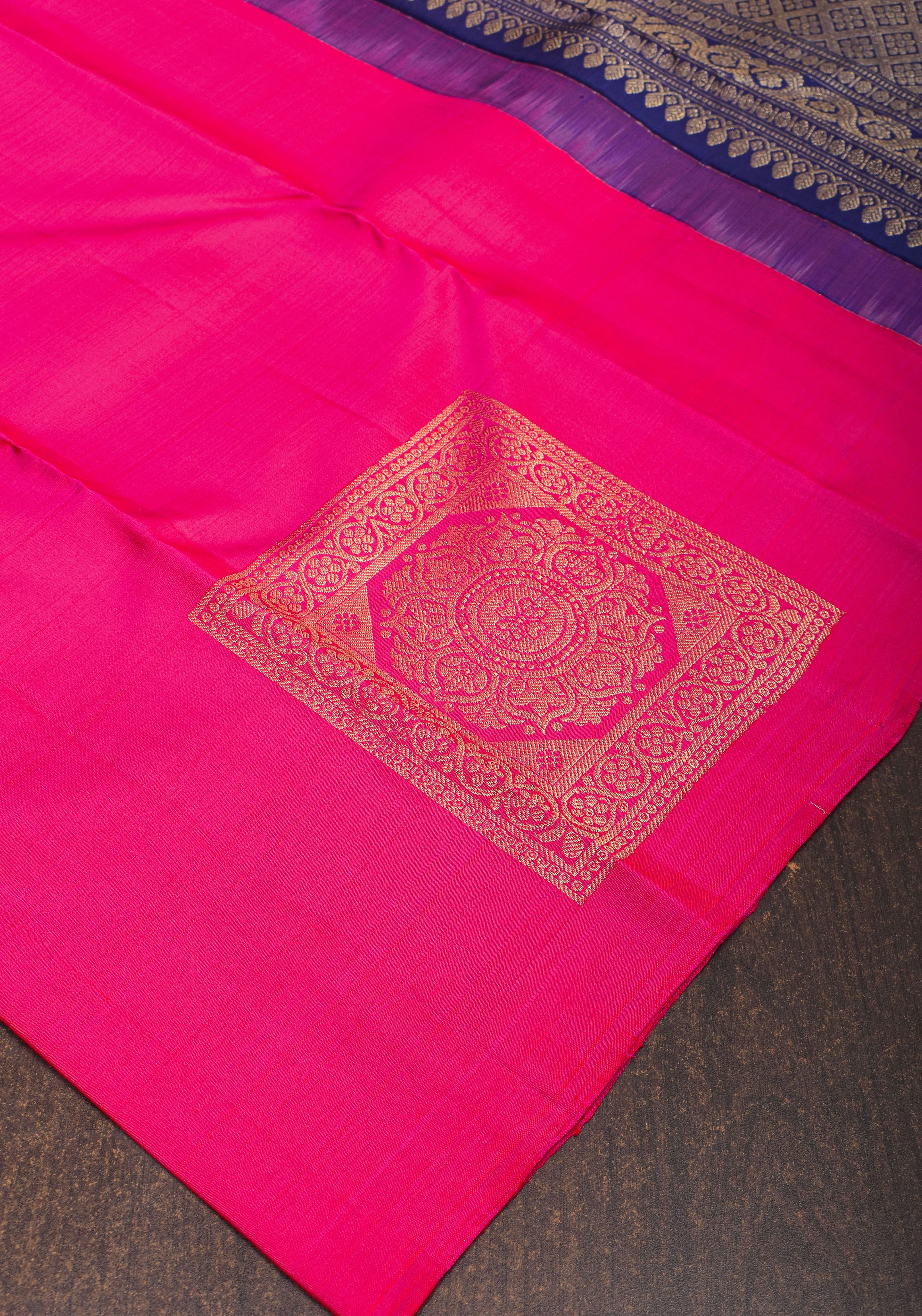 Hot Pink Borderless Kanjivaram Soft Silk Saree with Square Motifs and contrast Pallu| SILK MARK CERTIFIED view 2