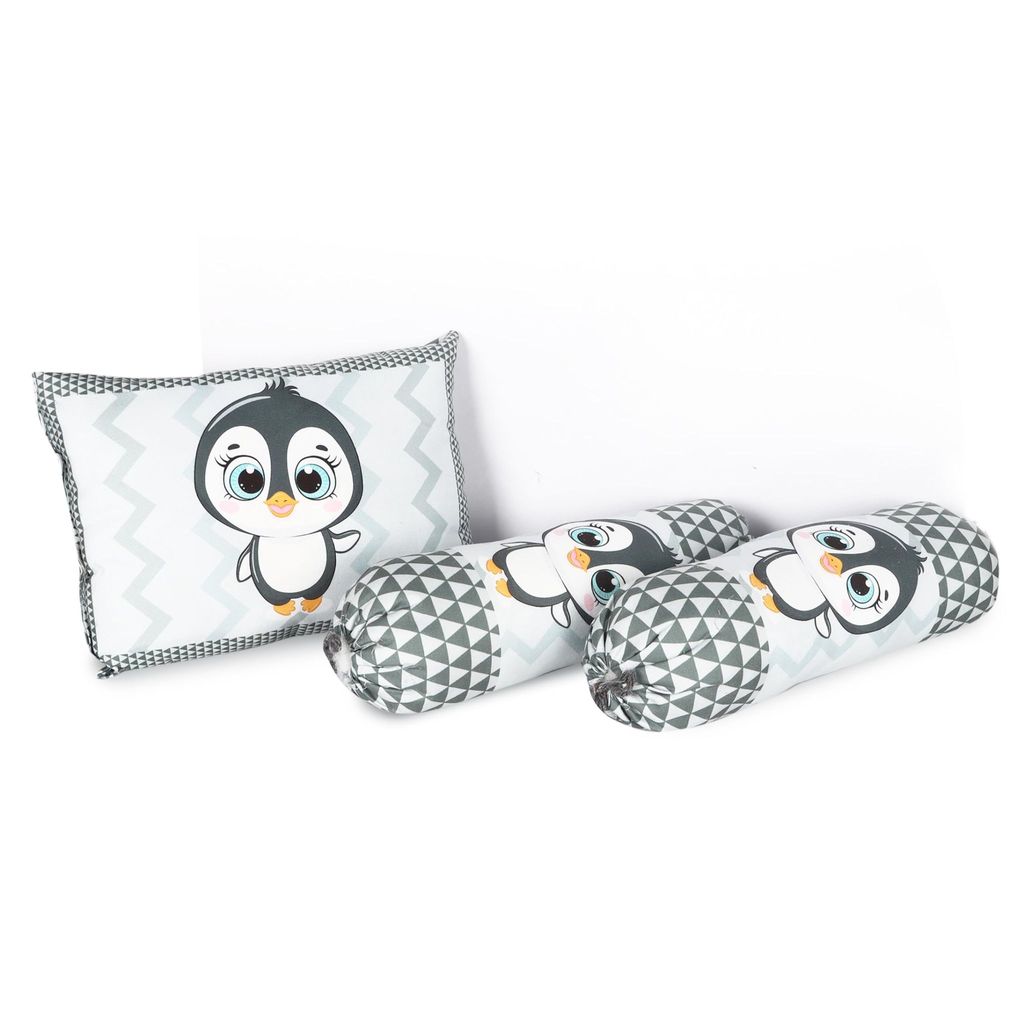 LOREM Grey 3 Pillows & Rectangle Shape Penguine Print Cotton Baby Bed for 0-1 Year BB108 view 2