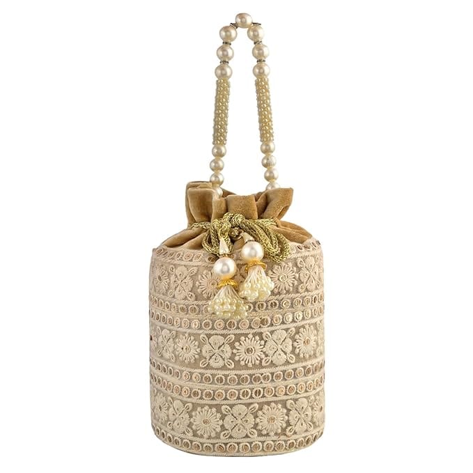 Pearl Beaded Cream Velvet Drawstring Potli Bag with Embroidery and Tassels view 2