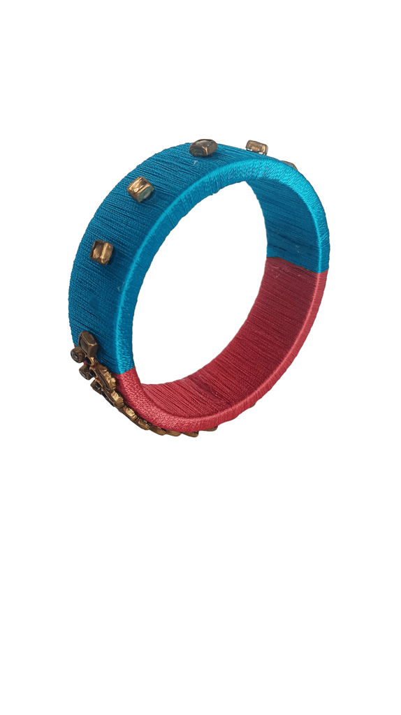 Blue and Red Silk Thread Bangle with Golden Stones view 2