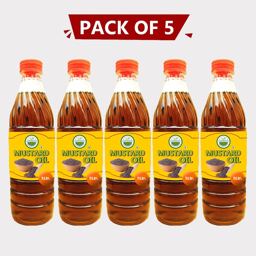 Mustard Oil 5 Ltr (Pack of 5 × 1 ltr) by Vishwakarma – Cold-Pressed, Fresh & Farmer-Made