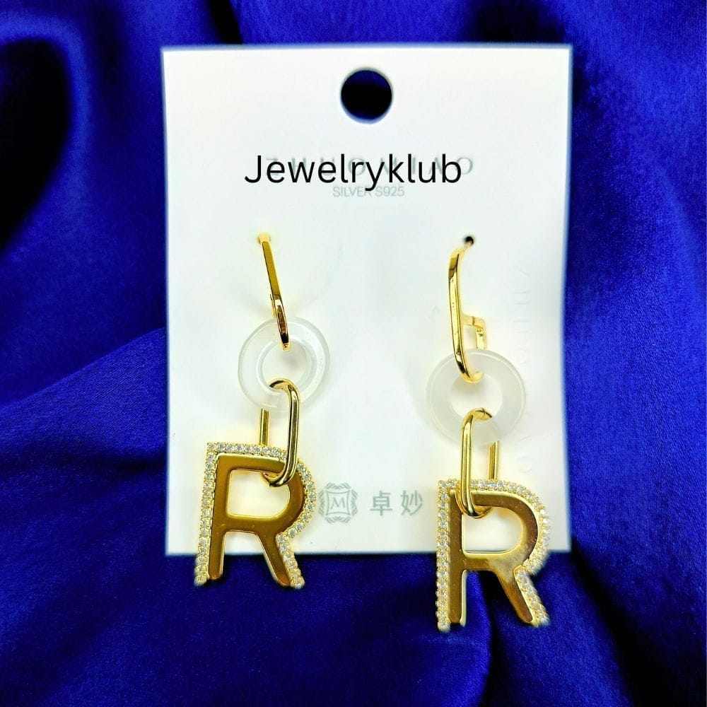 Jewelryklub American Diamond Earrings Letter R Gold Plated For Girls Women view 2