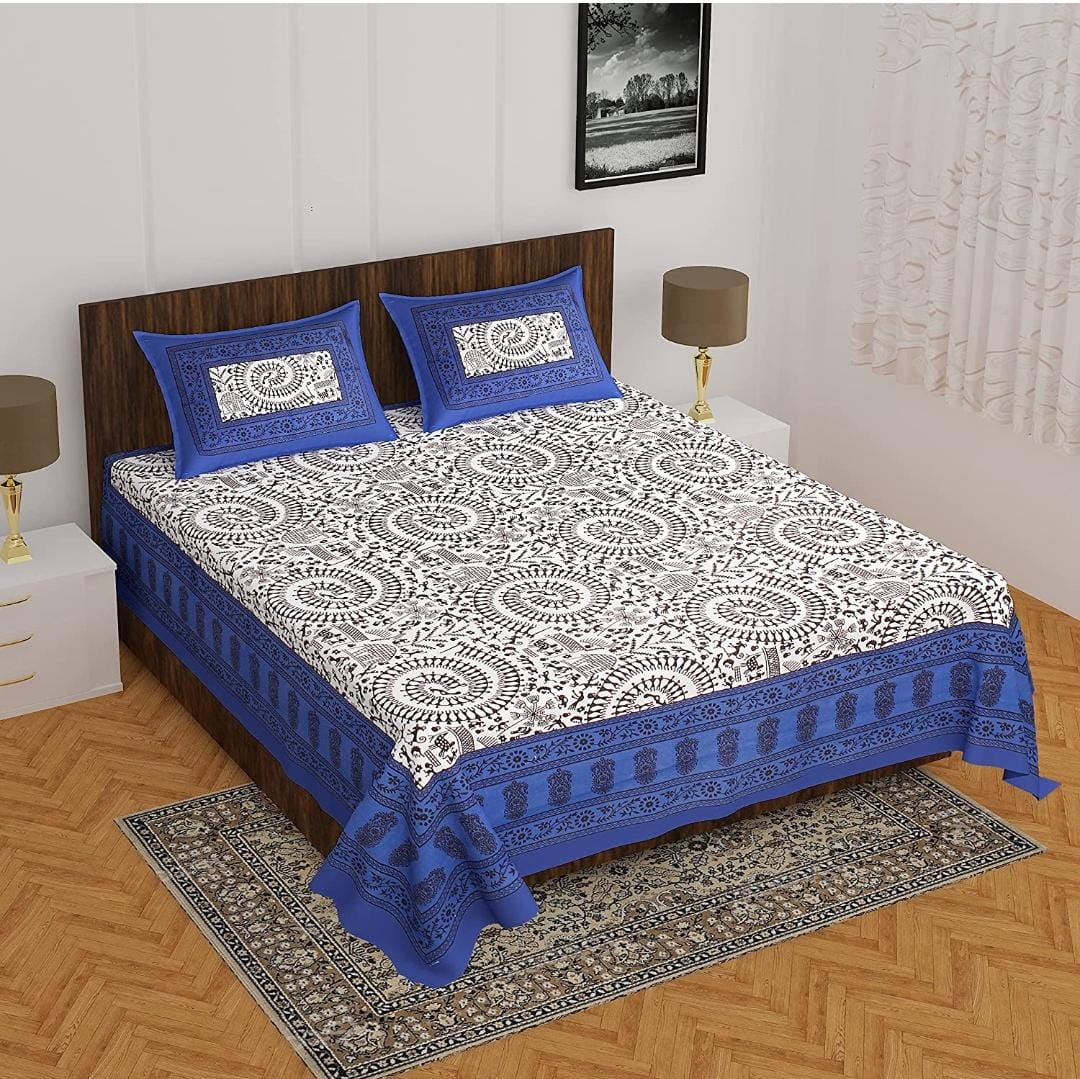 Lali Prints Jaipuri Blue Printed Cotton 130 TC Queen Bedsheet with 2 Pillow Covers view 2