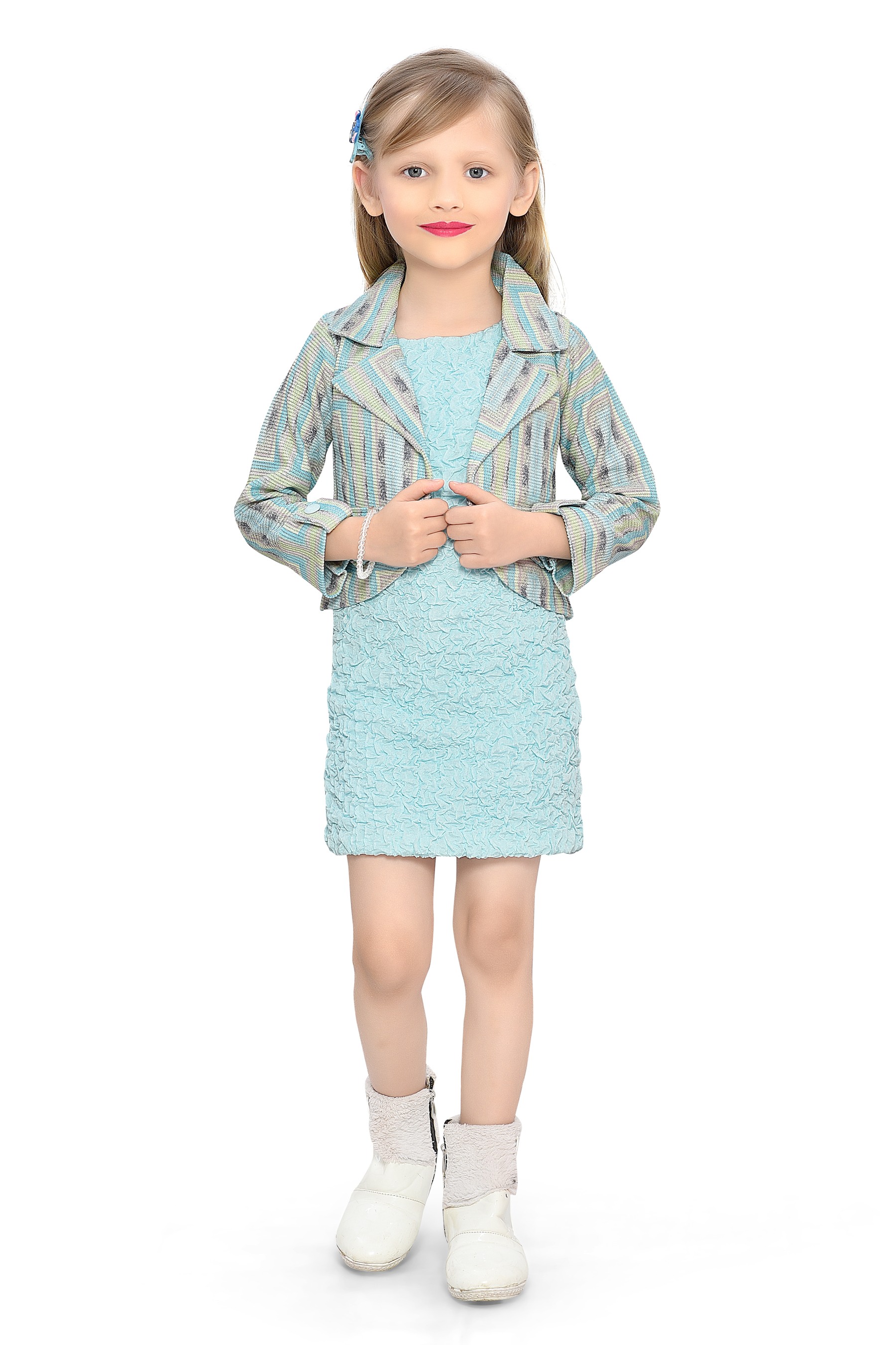 Be:kids Aqua Elegance Two-Piece Ensemble: Textured Sleeveless Dress and Striped Blazer view 2