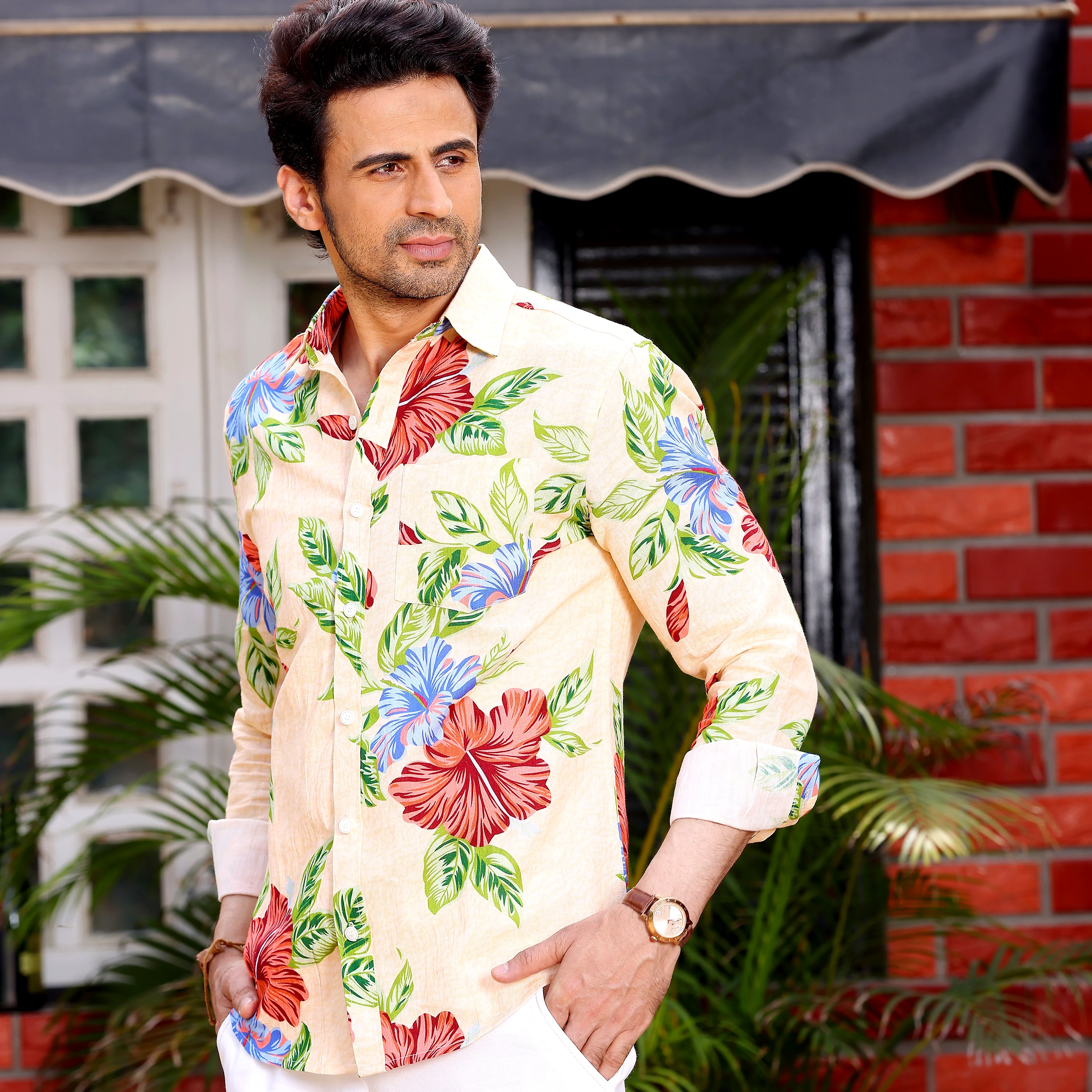 Hibiscus Flower Light Peach Casual Pure Linen Full Shirt (Size - XL) by BLUE EAGLE view 2