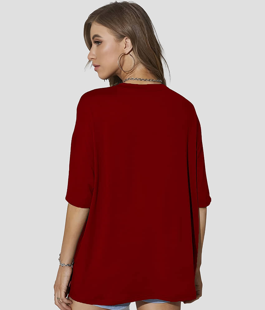 ENITOR Women Cotton Blend Printed Oversized Fit Round Neck T-Shirt ( Maroon ) view 2