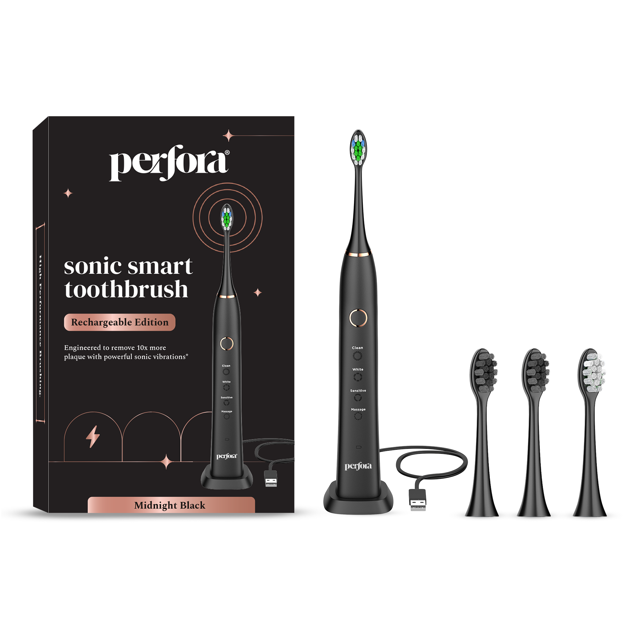 Perfora Electric Toothbrush Rechargeable Electric Brush 60 Days Battery Life Electric Toothbrush For Men,Women & Kids Sonic Toothbrush With 4 Brush Heads 1 Year Warranty Travel Friendly, Black