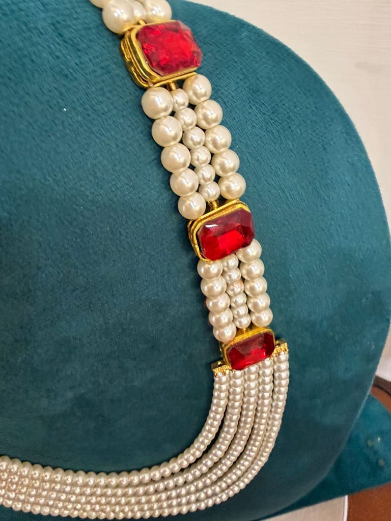 groom and party wear red gold and white pearl mala with side stones view 2