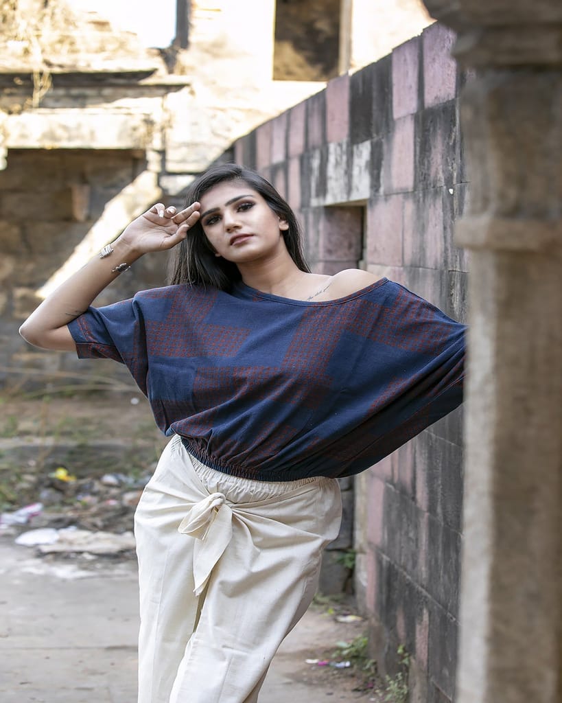 Indigo Puzzle Handwoven Organic Cotton Crop Top view 2