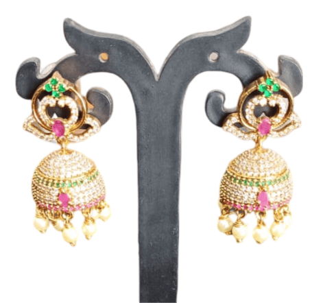 Gold Plated Kemp Stones Jhumka Earrings With Pearls view 2