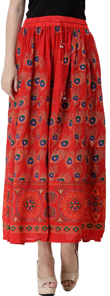 Flame-Scarlet Long Skirt with Printed Peacock Feathers view 2