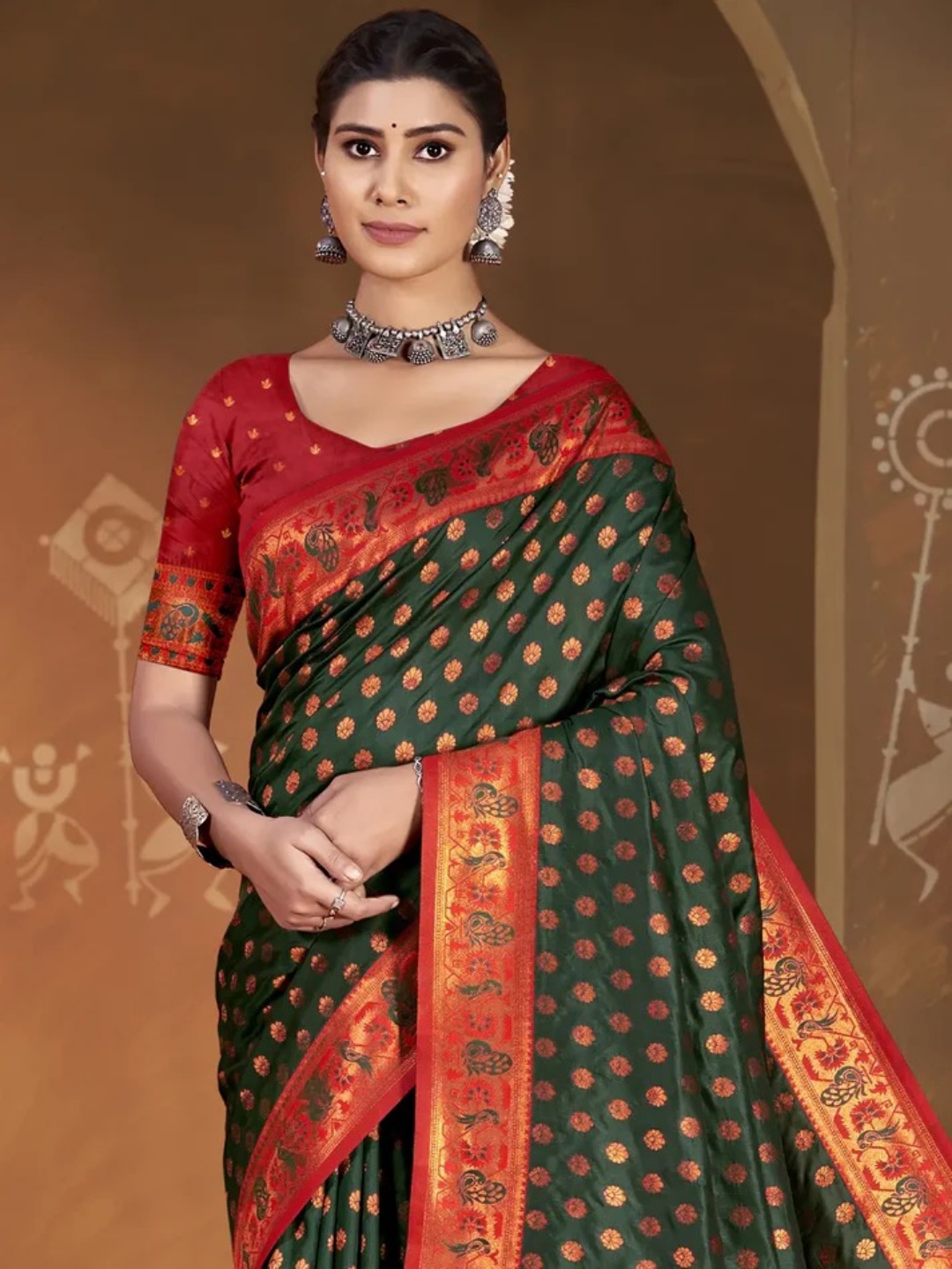 Dark Green Silk Saree view 2