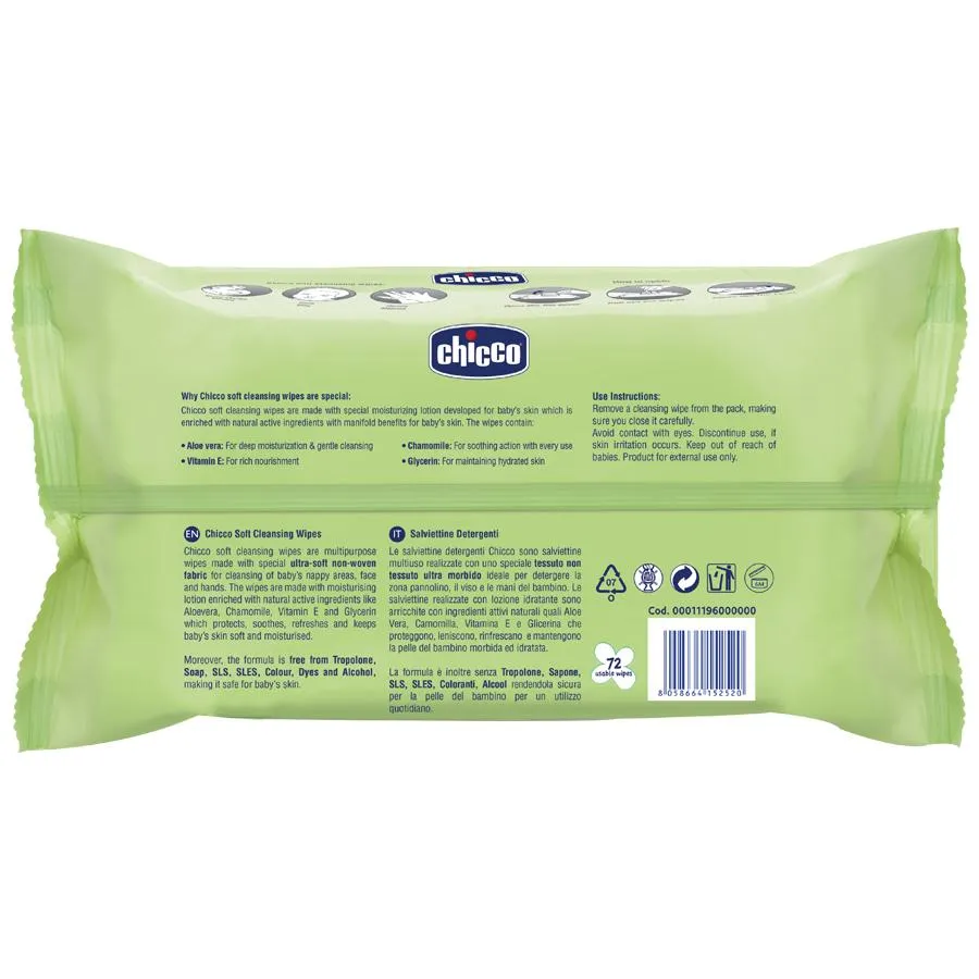 Chicco Soft Cleansing Wipes With Aloe Vera Moisturising & Nourishing 72 Pcs view 2
