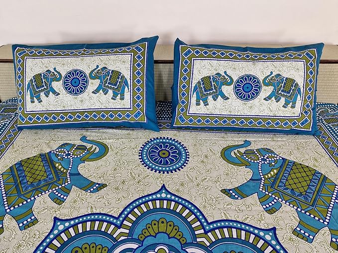 Bedsheet Set with Elephant Motifs, Ethnic Cotton, Blue, Green and Cream Colours,Size 210 cmX 226 cm, Best use at Single Bed and Deewan view 2