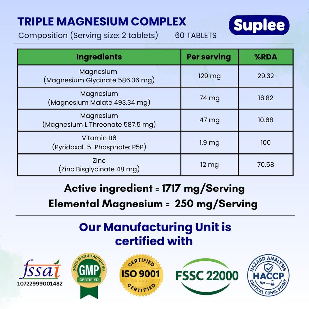 Suplee Triple Magnesium Complex Supplement with Magnesium Glycinate, L-Threonate & Malate | With Zinc & Vitamin B6 for Sleep, Muscle, & Brain Support | 60 Tablets view 2