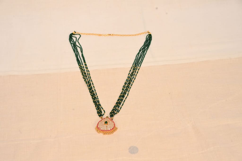 22K Gold Long Beaded Emerald Necklace view 2