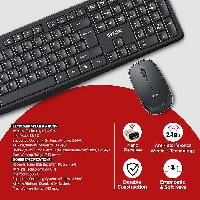 Intex 2.4GHz Wireless Keyboard and Mouse Combo | 104 Keys, 4 Button Mouse | 1600 DPI | 10M Range, Nano USB Receiver Plug & Play | Ergonomic & Soft Keys (Black) view 2