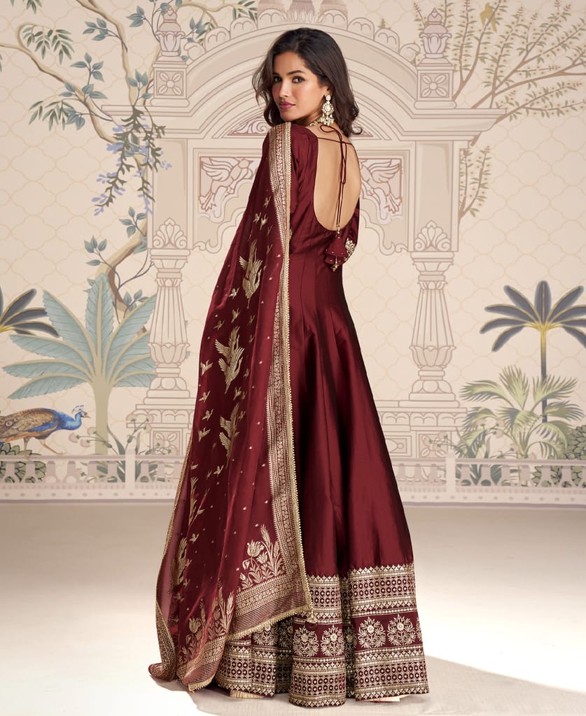 new indian heavy wedding wear maroon silk anarkali suit for women view 2