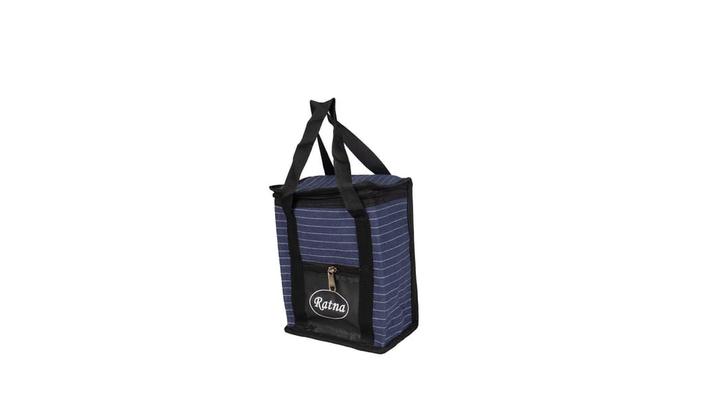 Lunch Bag - Blue Striped Insulated Tiffin Carrier with Zip Closure and Front Pocket view 2