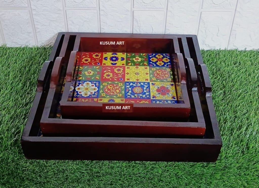 Kusum Art Wooden Set of 3 Tray With Ceremic Tiles Fitted For Your Home Decor and Decoration and Table Decor view 2
