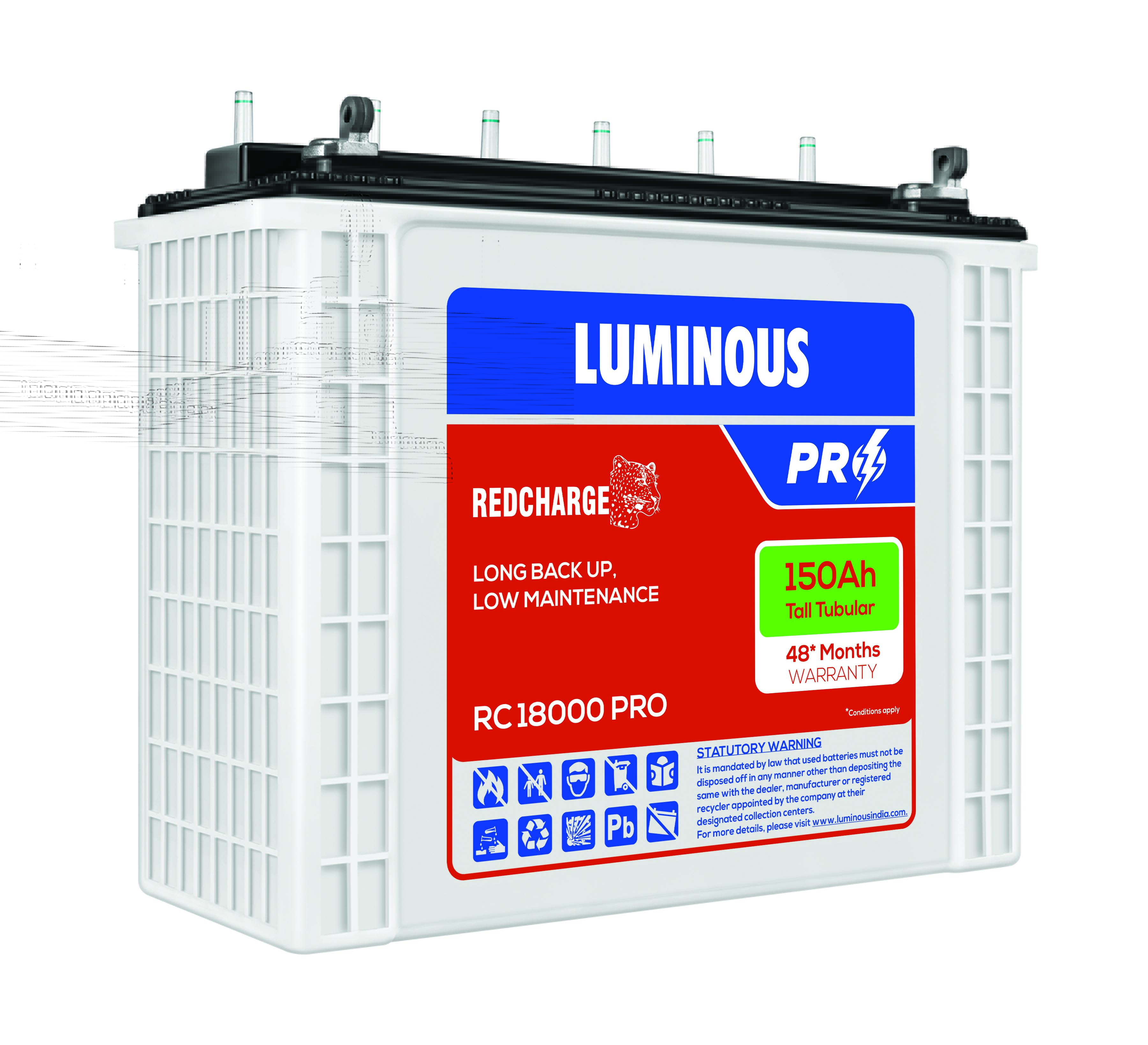 Luminous Red Charge RC 18000 PRO 150 Ah/12V Tall Tubular Inverter Battery with 48 Months Warranty for Home, Office and Shops