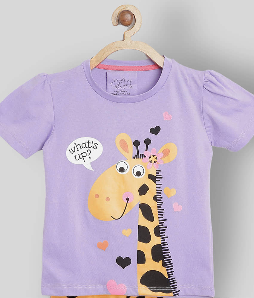 Lazy Shark Pack of 1 Girls Cotton Blend T-shirt With Shorts ( Lavender ) view 2