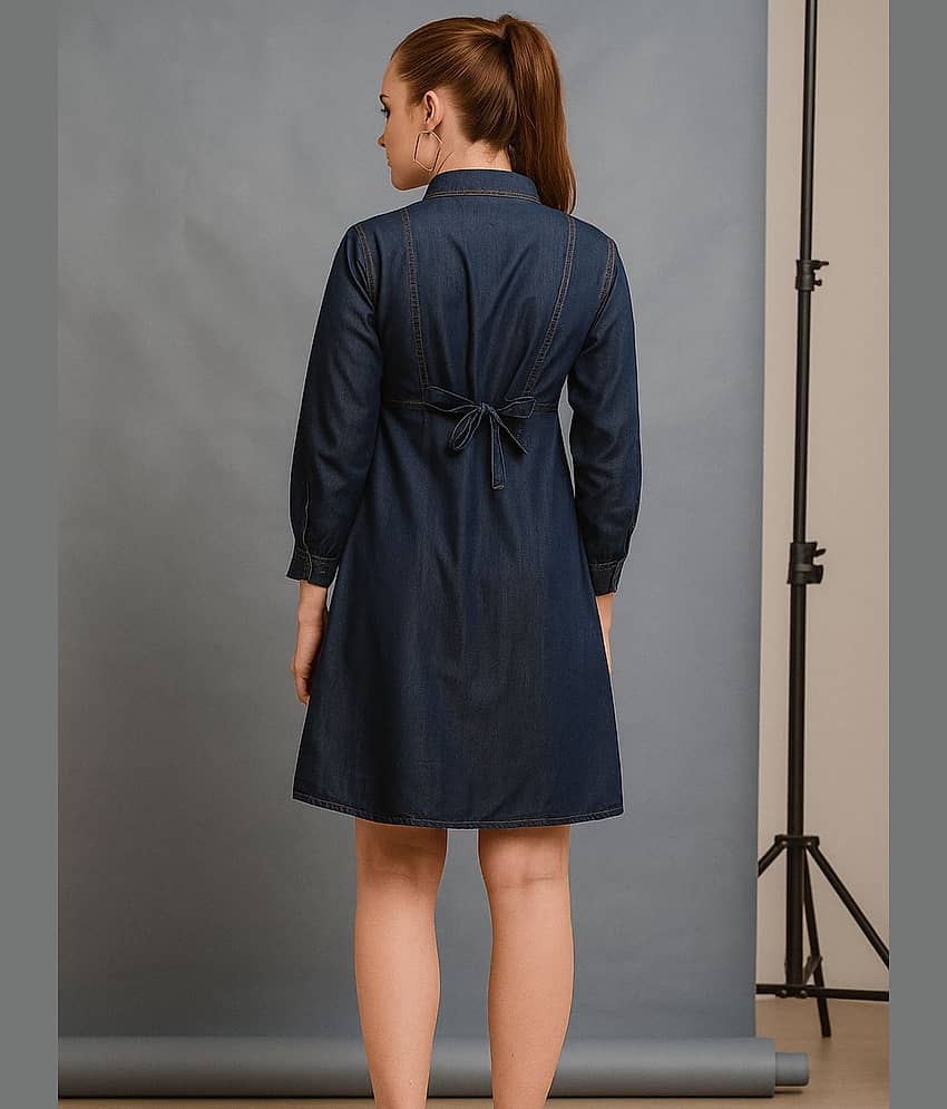 Addyvero Women Denim Solid A-line Dress ( Light Blue ) view 2