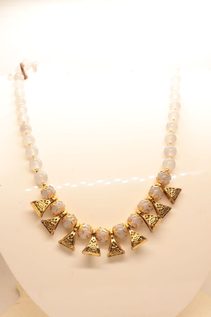 White and Gold Beaded Necklace with Triangle Accents view 2