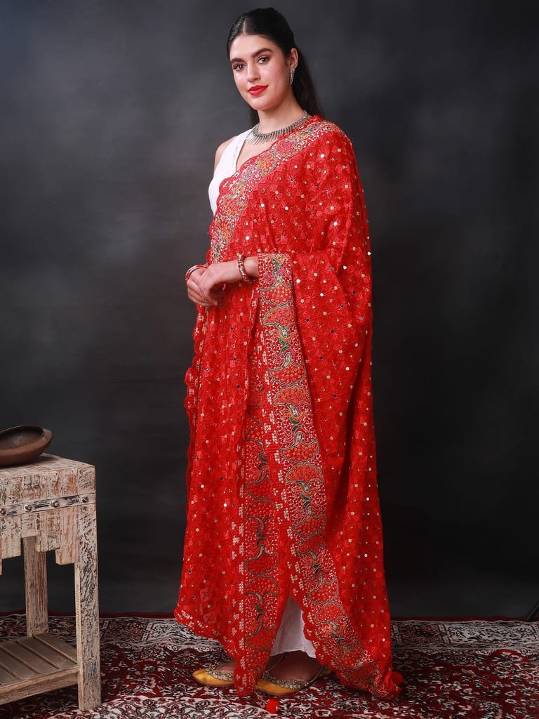 Red Phulkari Dupatta from Punjab with Multicolor Pair Of Peacock Embroidered Motif and Bead-Mirror Work view 2