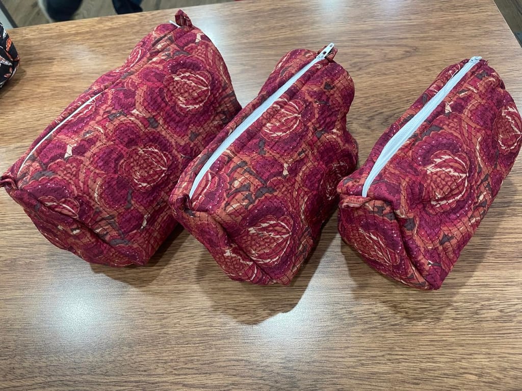 Quilted Cosmetic Bags, Maroon Floral Print, Light Blue Zipper, Set of 3, Travel Organizer Pouches view 2