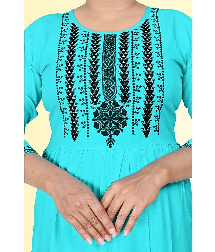haya fashion - Turquoise Rayon Women's Straight Kurti ( Pack of 1 ) view 2