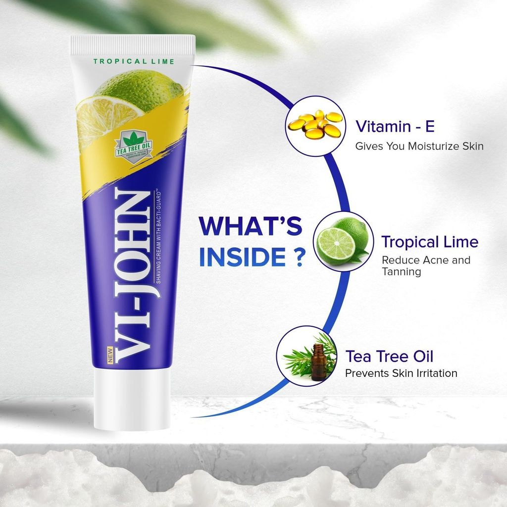 VI-JOHN Tropical Lime Shaving Cream With Bacti Gaurd Formula, Tea Tree Oil & Vitamin E - 125 GM view 2