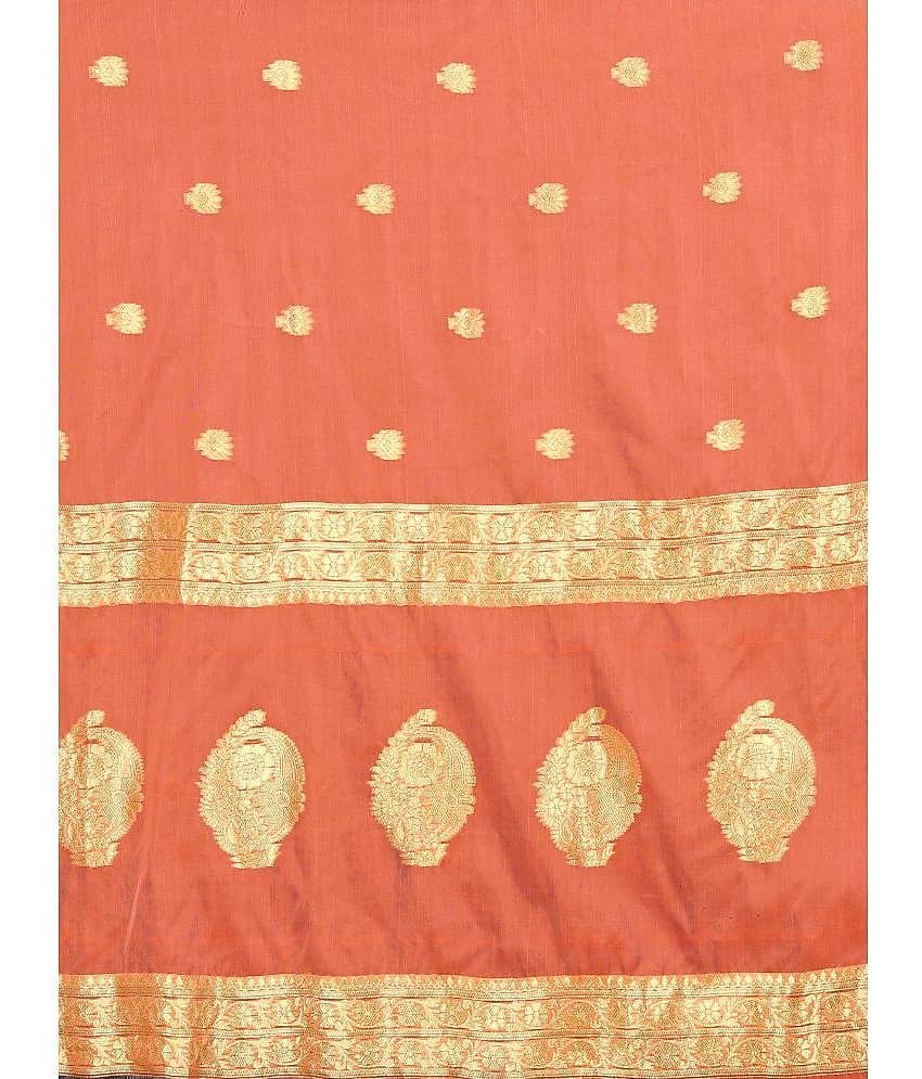 Om Shantam Sarees Organza Self Design Saree With Unstitched Blouse Piece ( Peach ) view 2