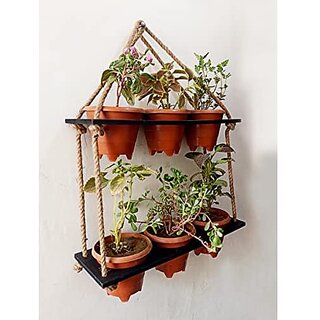 Khush Its Amazing Wood Hanging Planter Shelf Plant Hanger Decorative Flower Pot Rack with Rope Home Decor Hanging Planter (2 Tier Pot Black) view 2