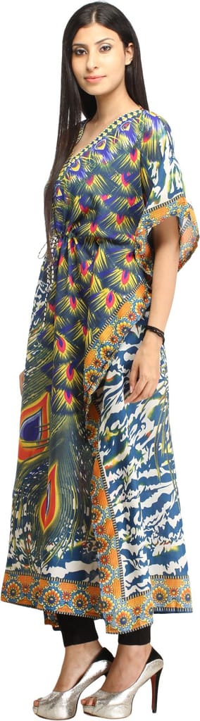 Moroccan-Blue Digital-Printed Kaftan with Dori on Waist and Large Peacock Feathers view 2