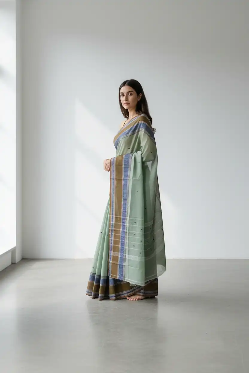Handwoven Sage Green Kanchipuram Cotton-Silk Saree, Contrast Border