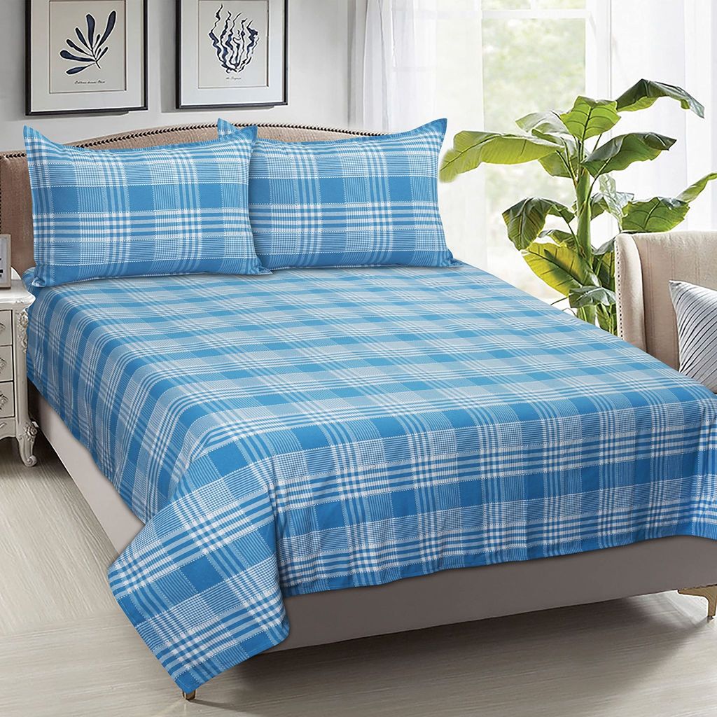 AIRWILL, 200GSM Handloom Cotton Double Bedsheet with 2 Pillow Covers, Track Dobby Checks Designer Weaved Blue and White Combo - Pack of 3 pcs view 2